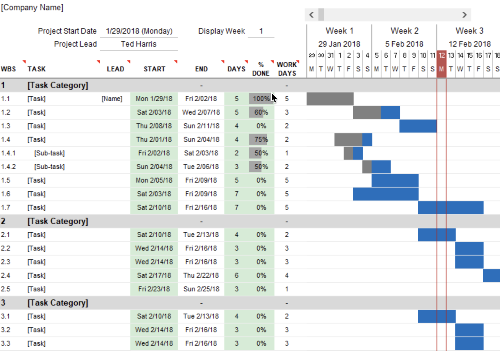 Excel Gantt chart project planner with merged date columns and embedded bar charts
