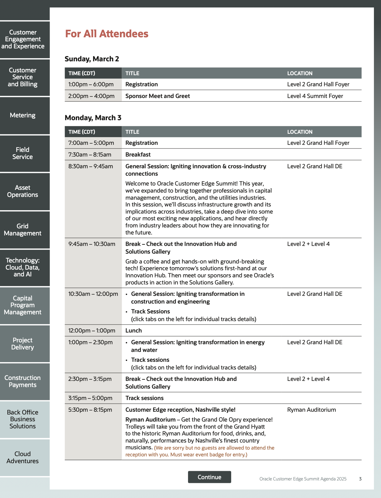Oracle event agenda with merged time cells spanning multiple session rows