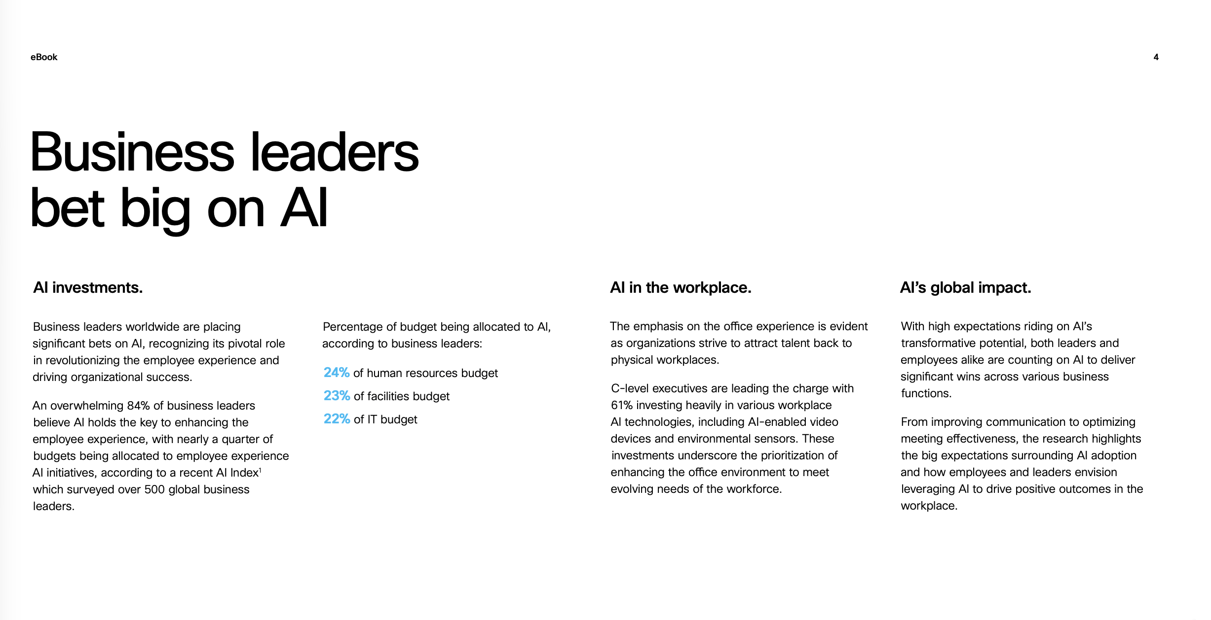 Report page with a large headline and three-column sections