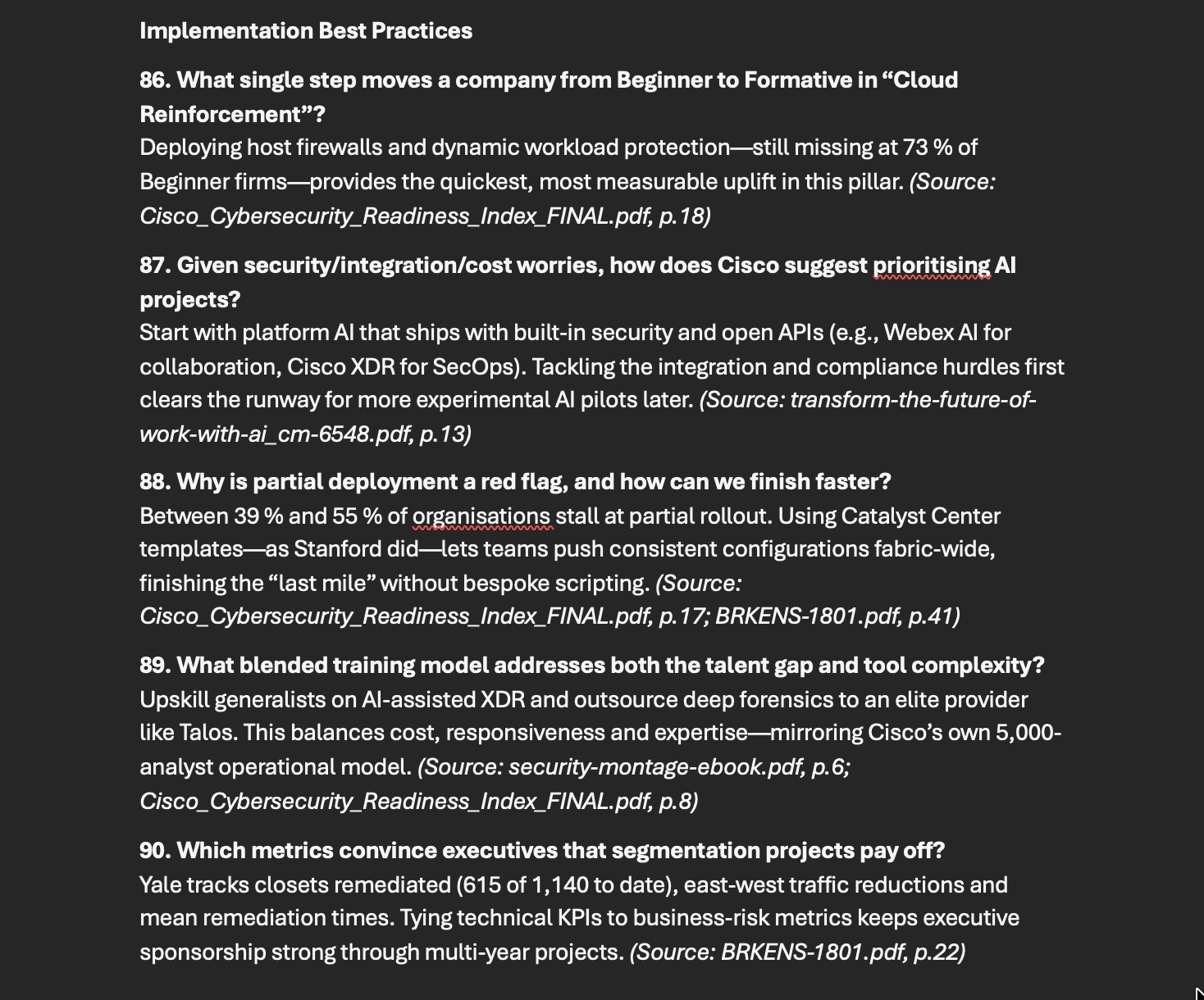 Dark-themed page listing numbered questions and answers with sources