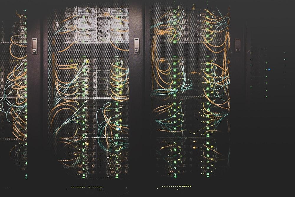 Rows of illuminated server racks in a data centre