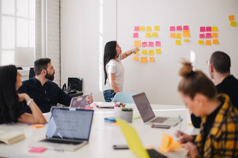 A team reviewing sticky notes on a wall during a planning session