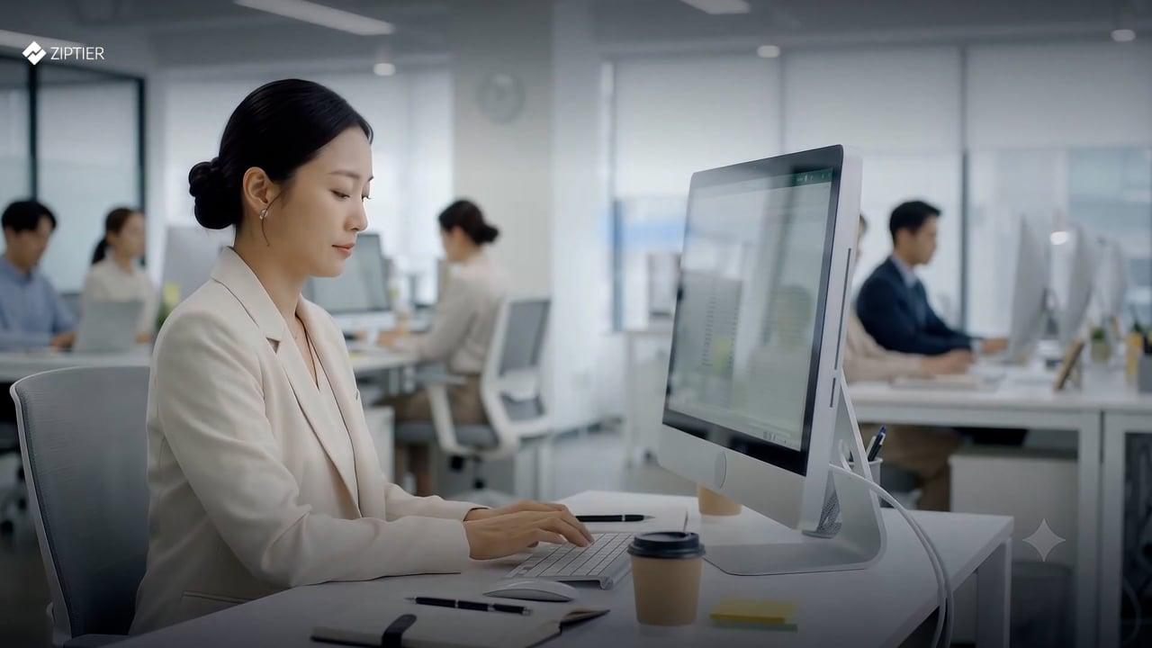 A product marketer working at a desktop computer in a bright open-plan office