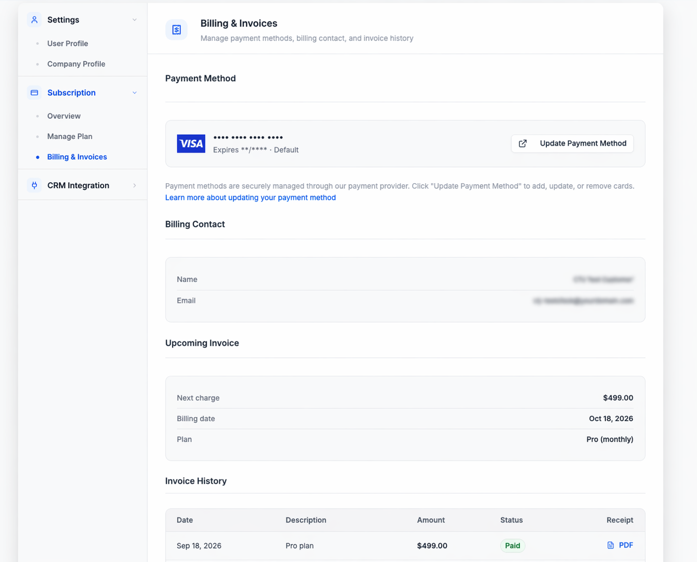 Billing & Invoices page showing payment method, billing contact, upcoming invoice, and invoice history