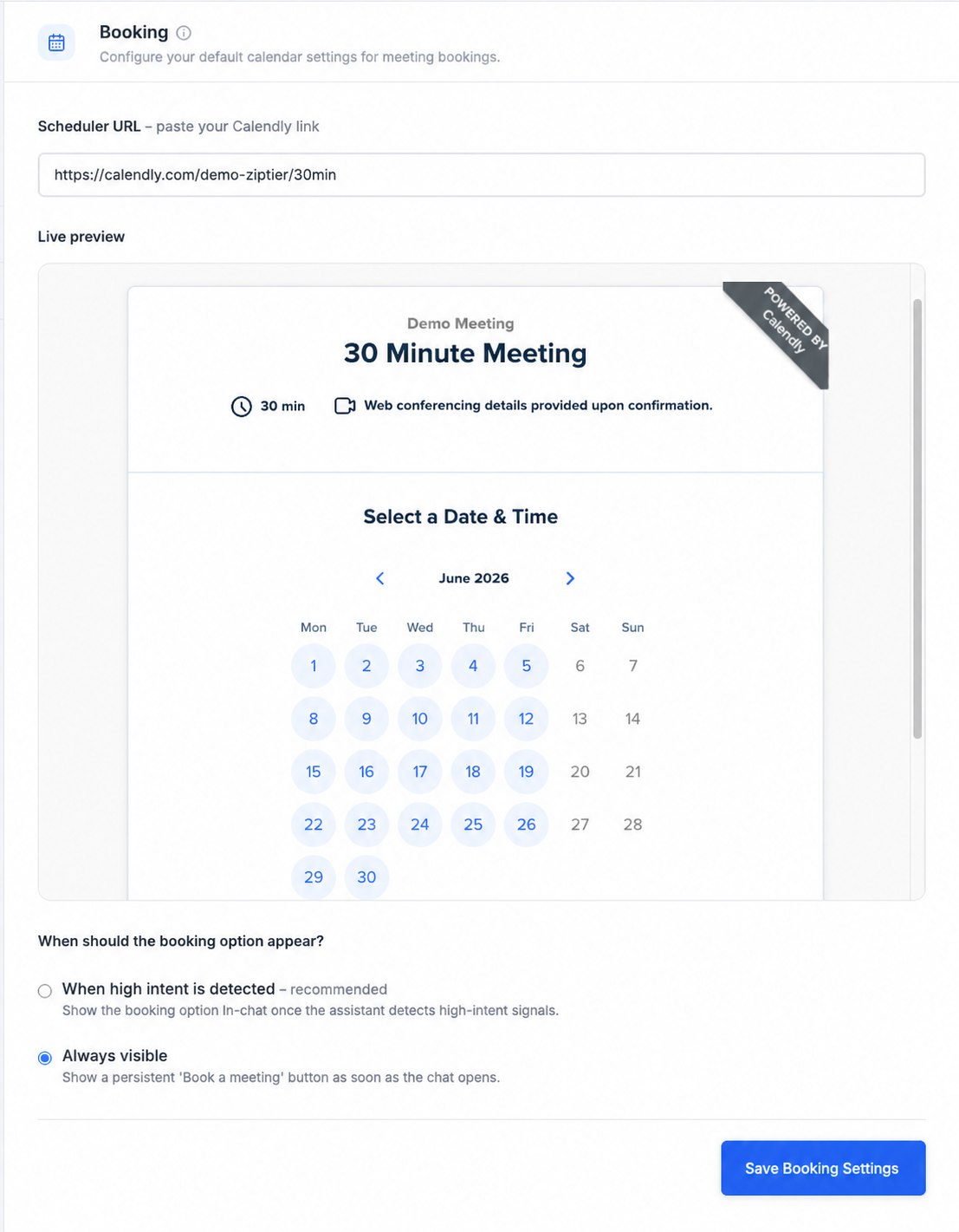 Settings Booking tab showing the Scheduler URL field, a live preview of the Calendly meeting page, and booking visibility options
