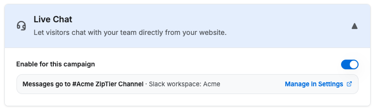 Live Chat section in Step 2 showing the toggle and the Slack channel messages go to