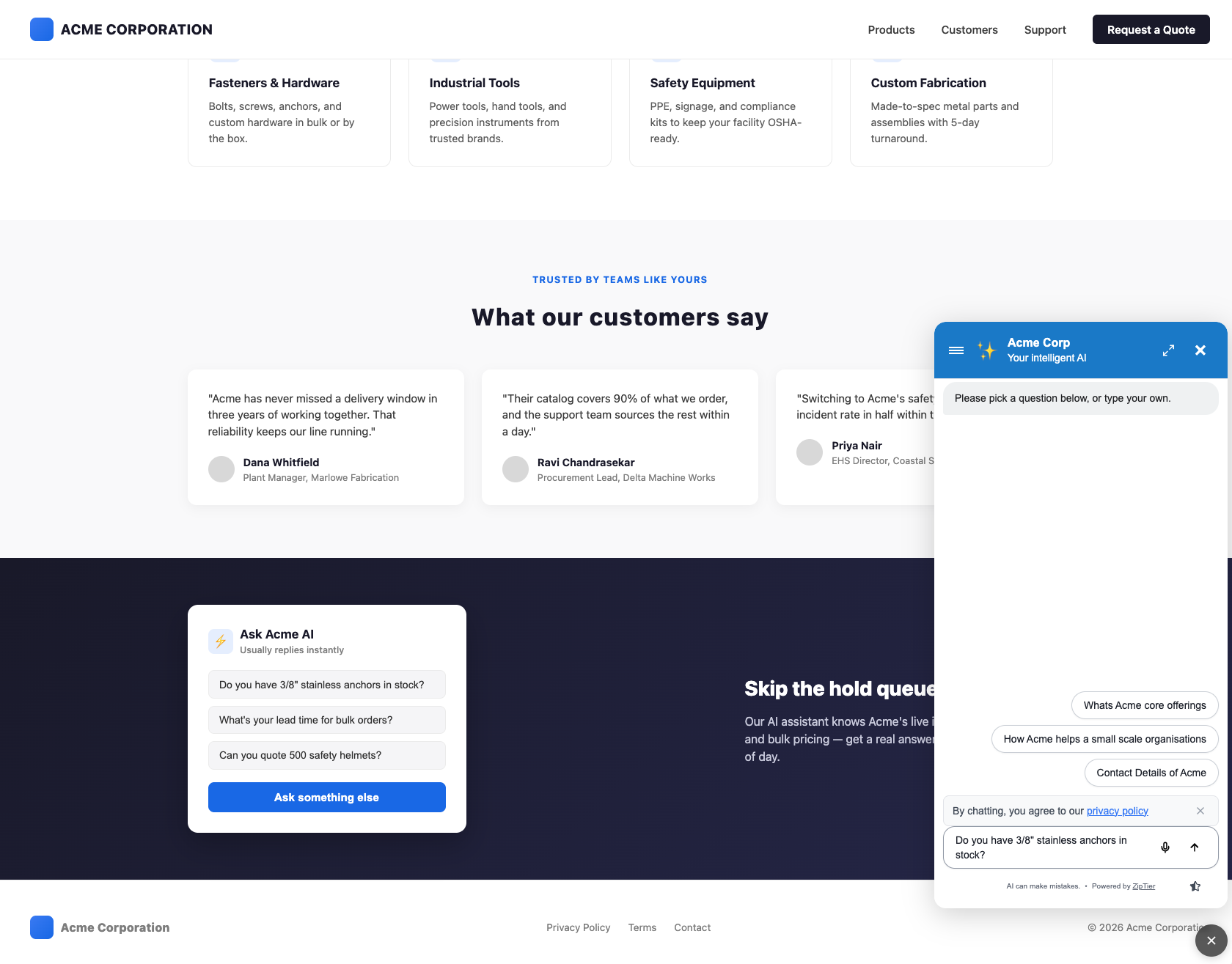 The ZipTier widget open in the bottom-right corner of a company website, showing suggested questions and a chat input, without navigating away from the page