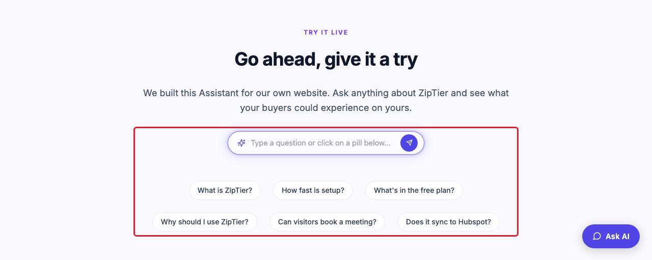 ZipTier's own homepage 'Try it live' section: a white search-box-style textbox trigger with a sparkle icon, a purple glow border, and a purple send button, with four suggestion pills below it