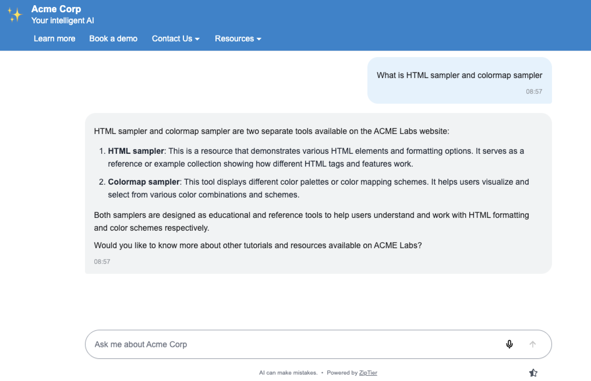 A ZipTier standalone chat page, full-page with a branded header, chat messages, a resources link, and a message input at the bottom