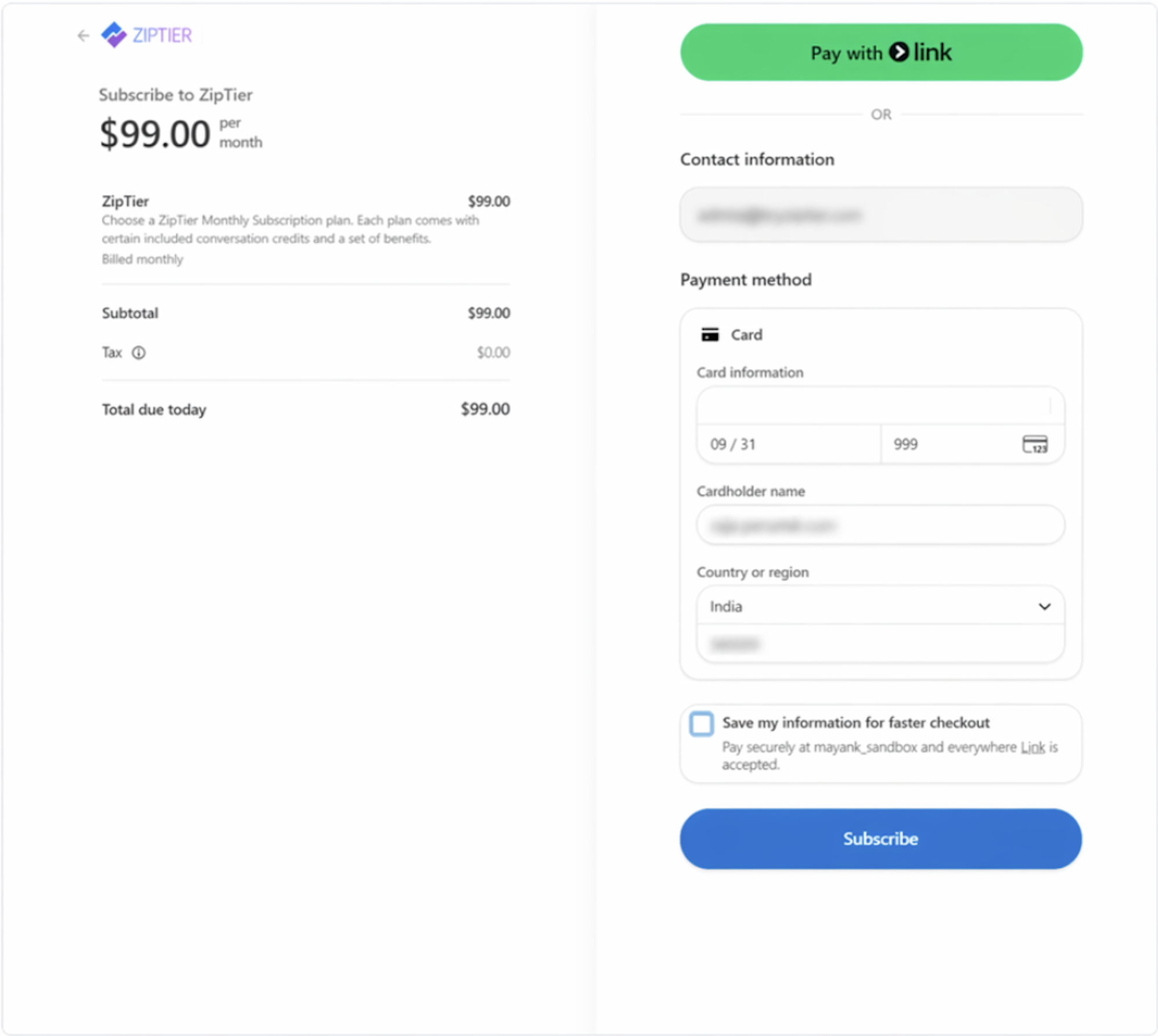 Stripe checkout page showing plan price and payment form