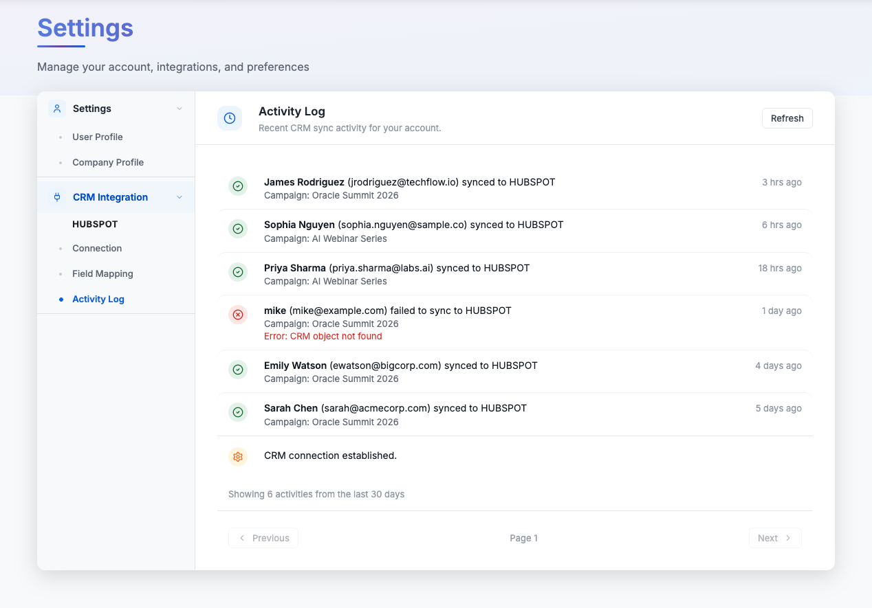 Activity Log showing CRM sync activity