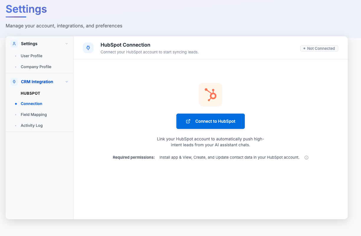 CRM Integration Connection page with Connect to HubSpot button