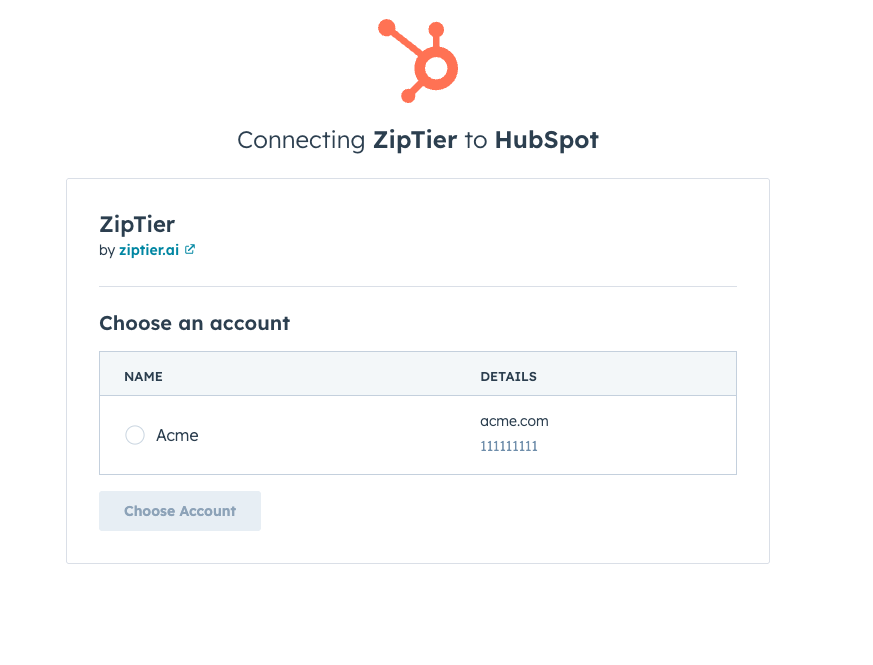 HubSpot account selection page — select your HubSpot account to connect with ZipTier