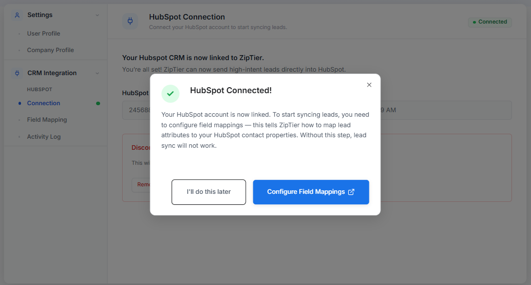 HubSpot Connected confirmation with prompt to configure field mappings
