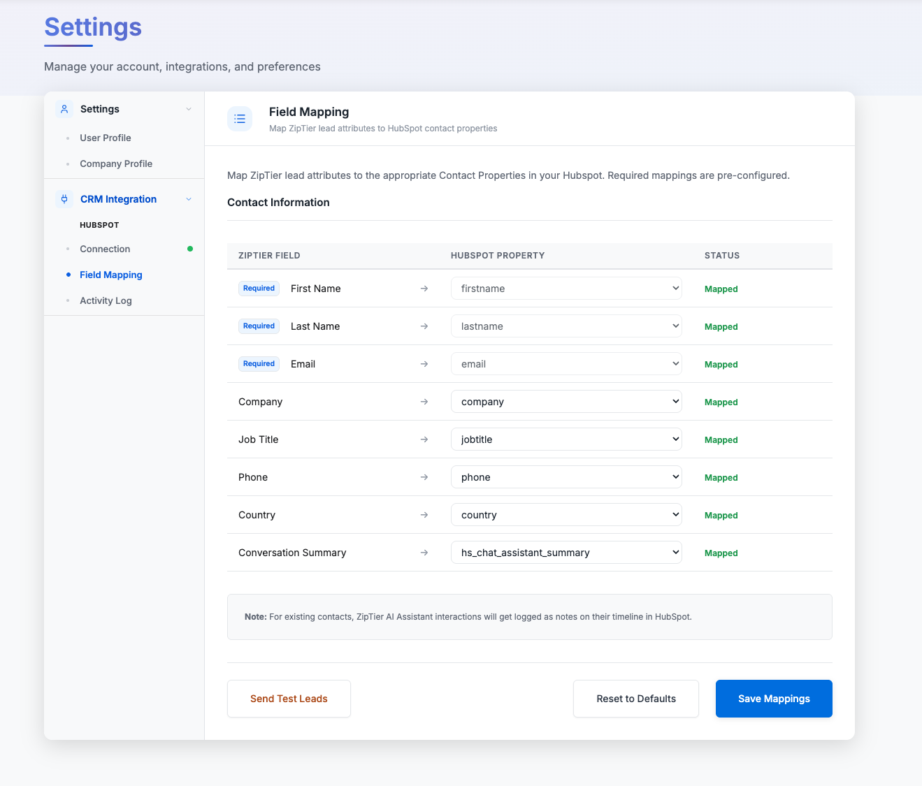 Field Mapping configuration table showing ZipTier fields mapped to HubSpot properties