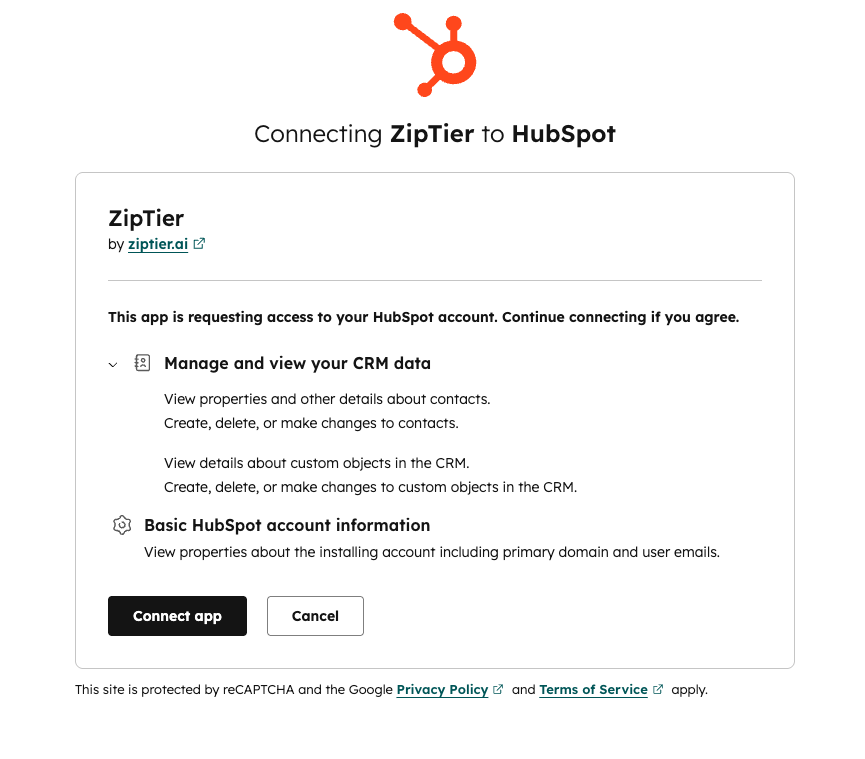 HubSpot permissions review page — review and approve the permissions ZipTier requires