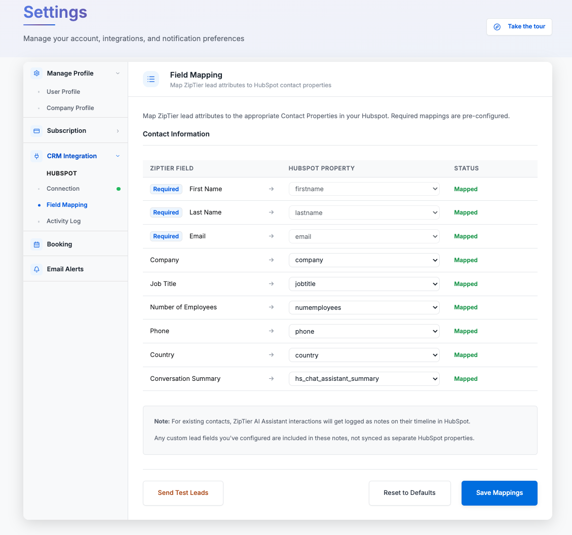 Field Mapping configuration table showing ZipTier fields mapped to HubSpot properties