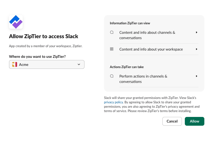 Slack screen asking to allow ZipTier, listing the permissions it needs