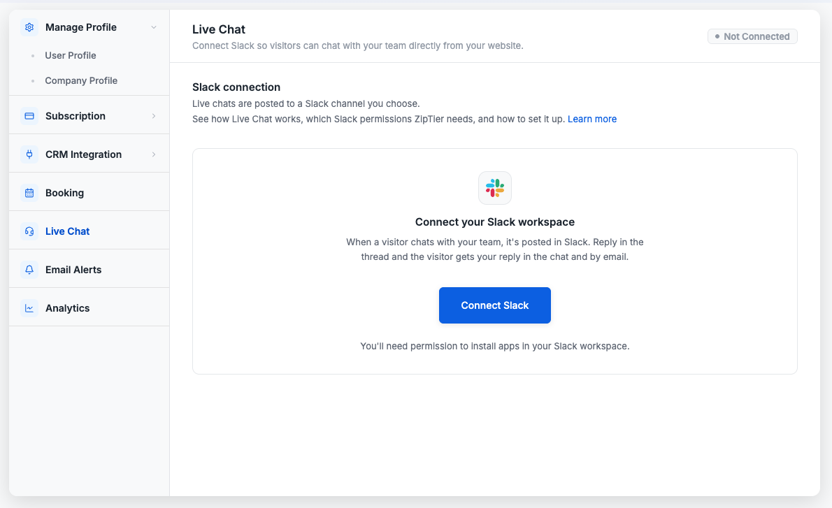 Live Chat page in Settings with the Connect Slack button