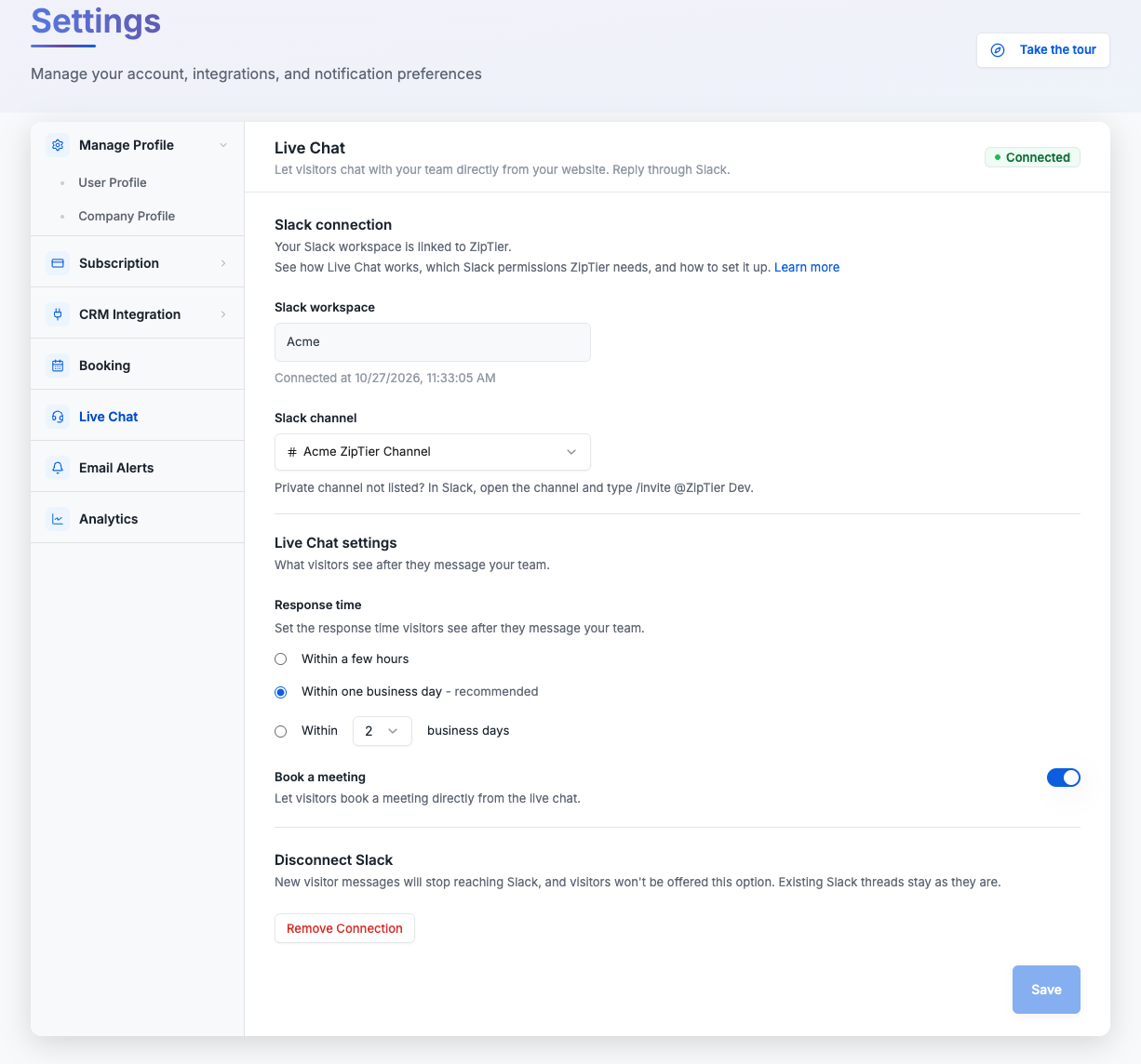 Live Chat page showing the connected workspace, the Slack channel dropdown, the response promise and the booking option