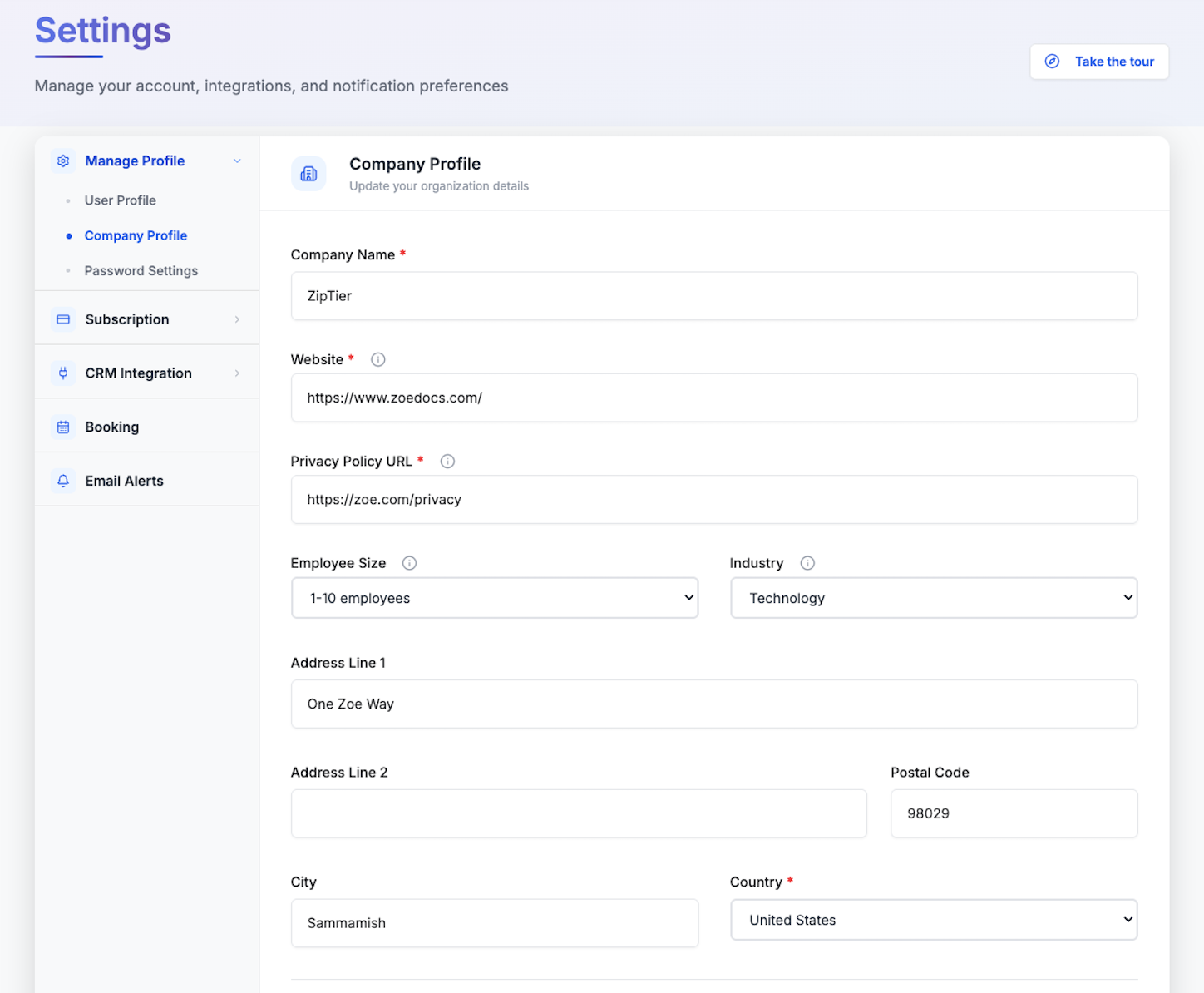 Company Profile tab showing Company Name, Website, Privacy Policy URL, Employee Size, Industry, and address fields