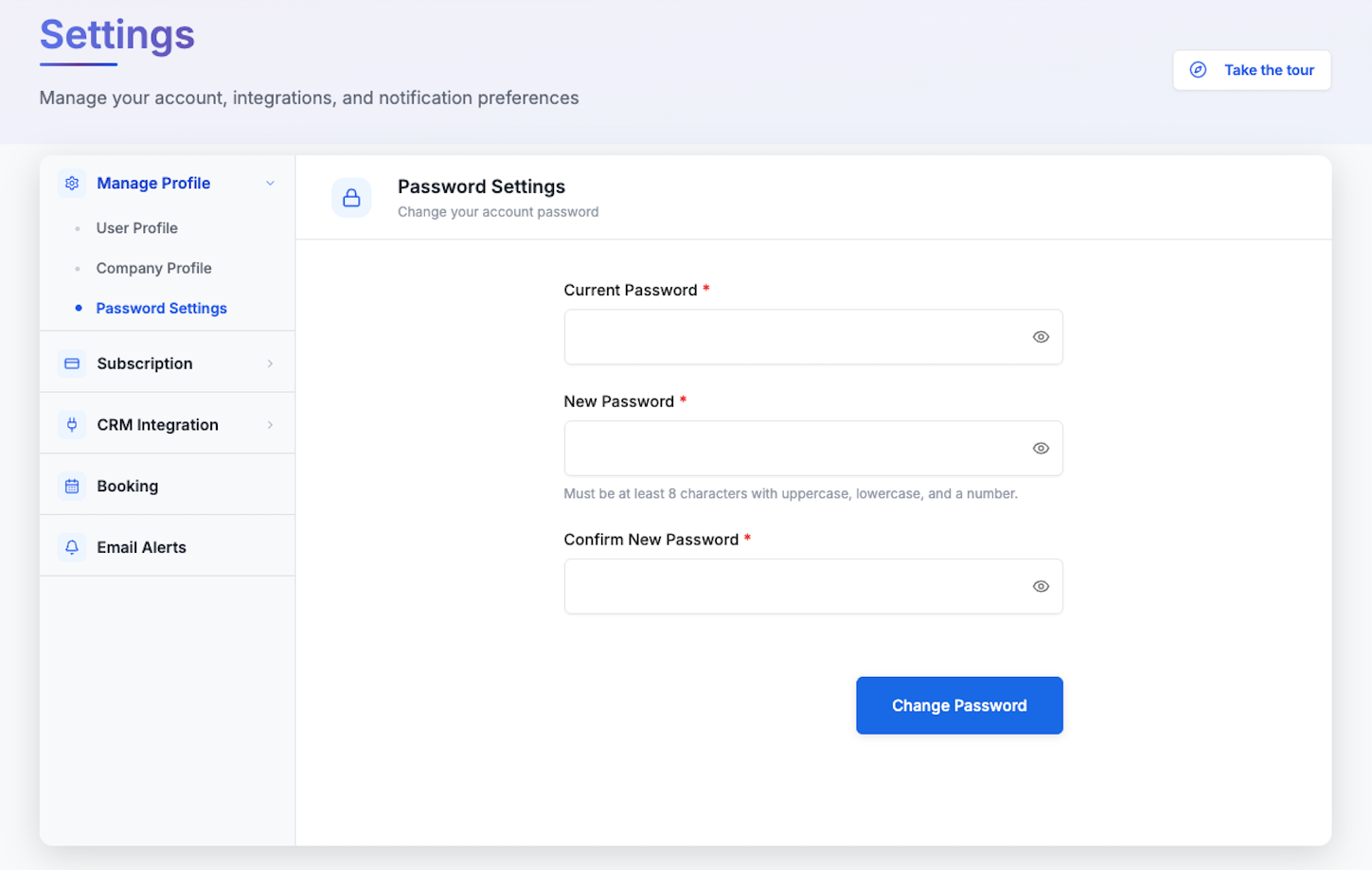Password Settings tab with Current Password, New Password, and Confirm New Password fields