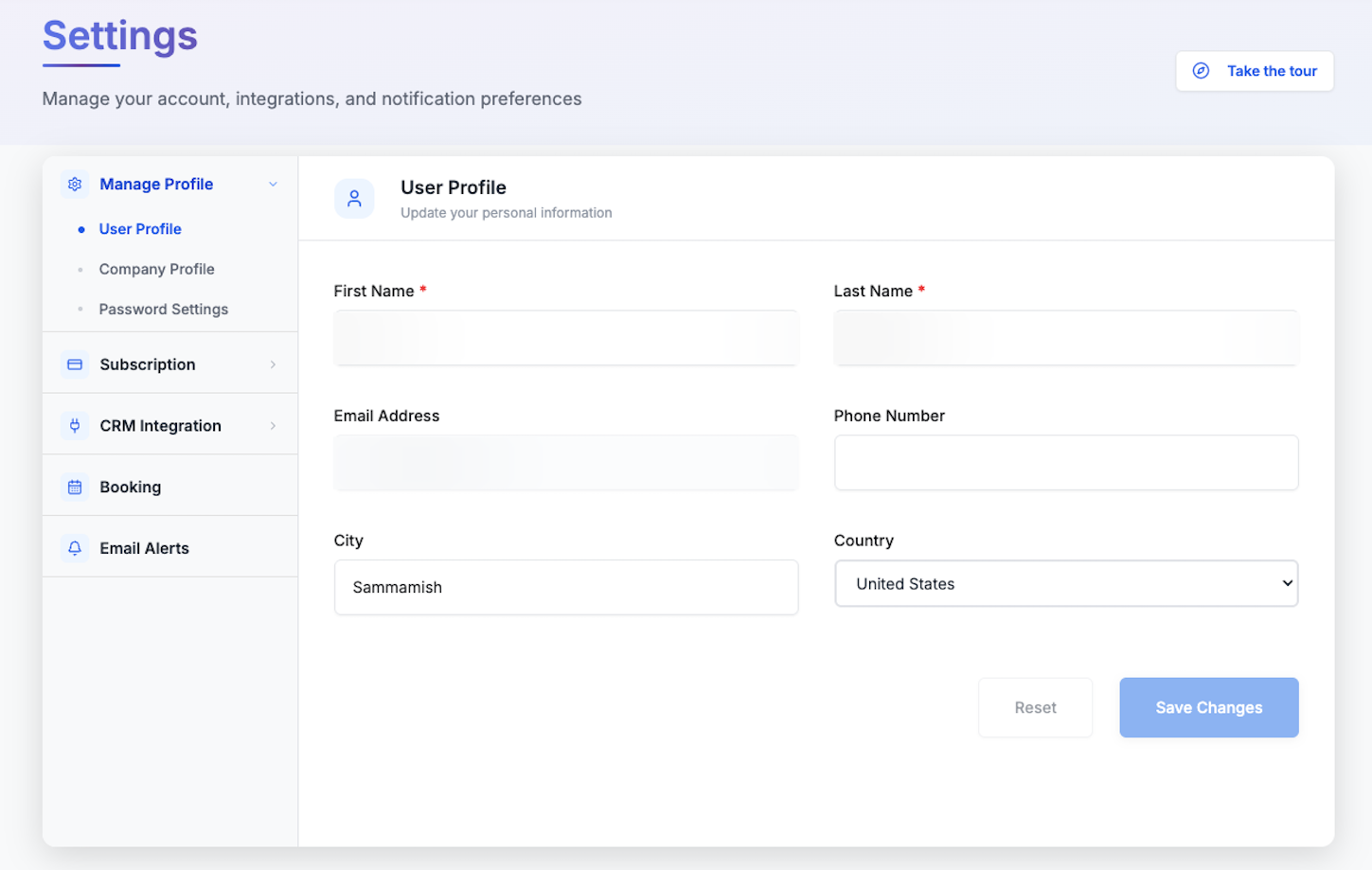 User Profile tab showing First Name, Last Name, Email Address, Phone Number, City, and Country fields