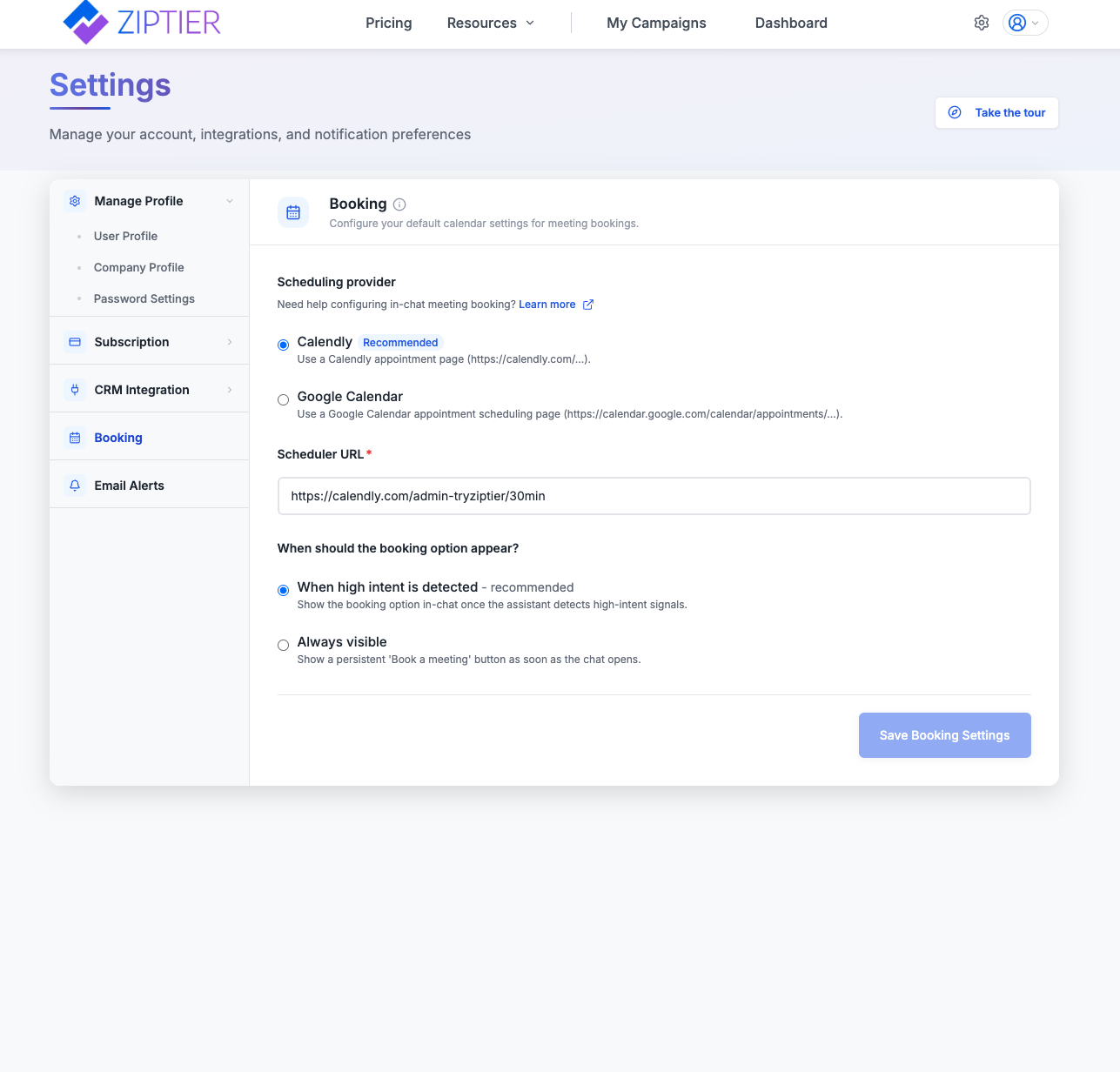 Booking settings page with Scheduling provider (Calendly or Google Calendar), Scheduler URL, and booking visibility options