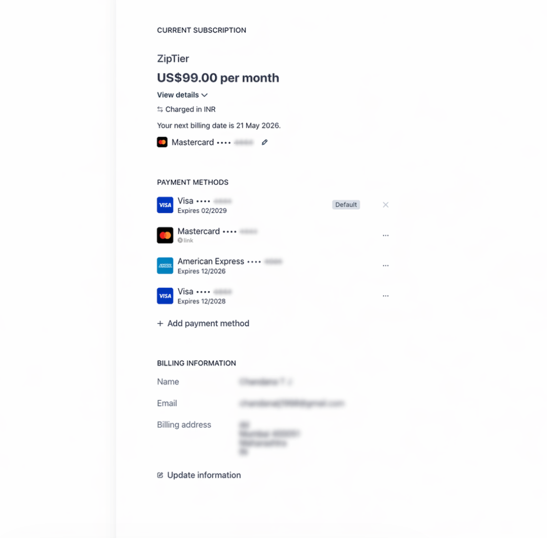 Stripe billing portal showing how to update payment method and edit subscription payment method