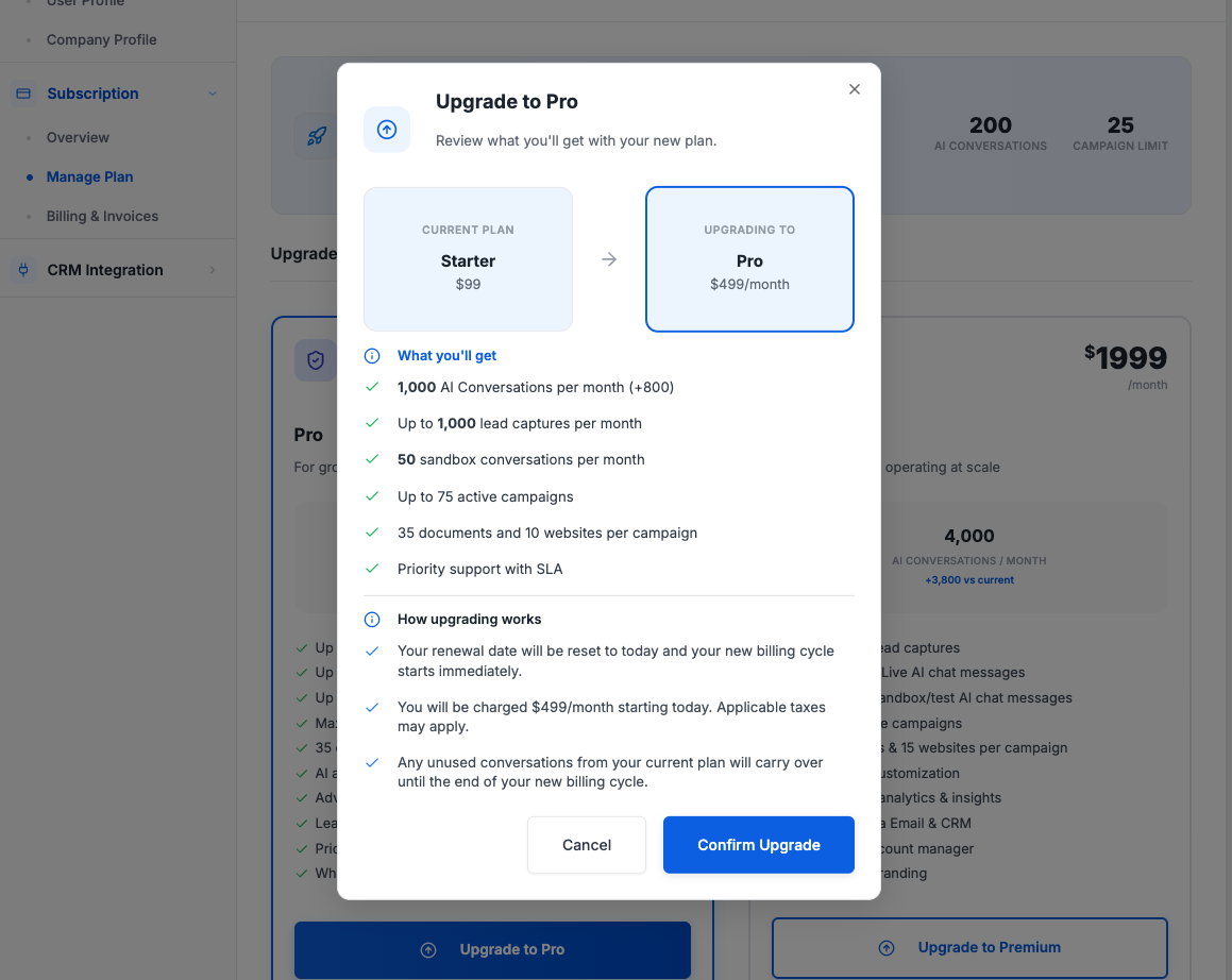 Upgrade confirmation dialog showing current plan, new plan, what you'll get, and how upgrading works