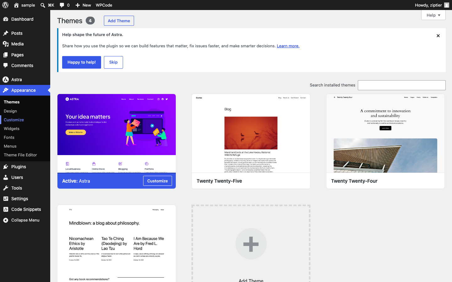 WordPress admin sidebar with Appearance expanded, showing the Theme File Editor link