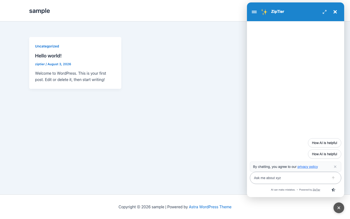 ZipTier AI Assistant opened on the front end of a WordPress site after clicking the floating launcher button