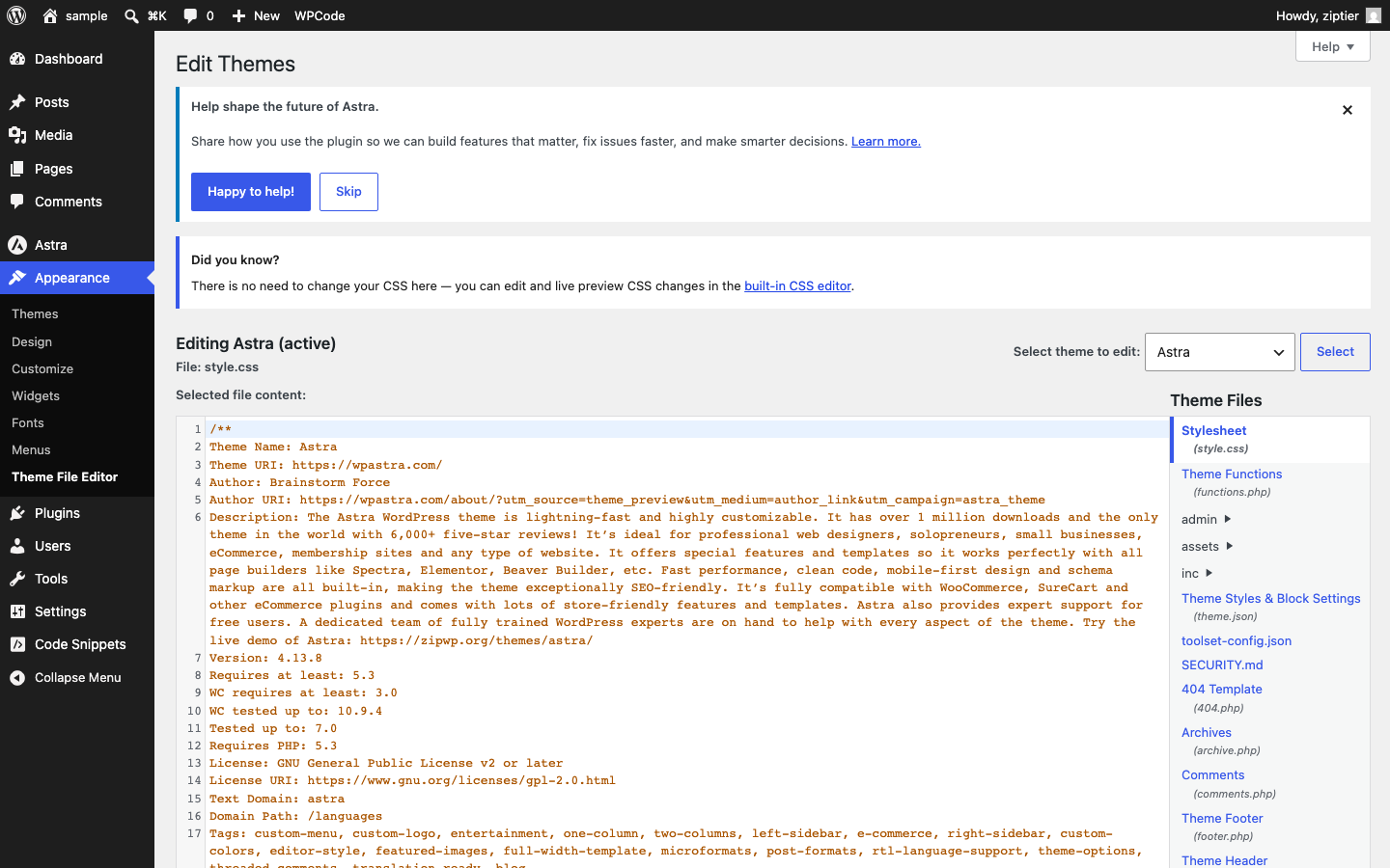 Theme File Editor page with the file list on the right, showing the Theme Footer (footer.php) link
