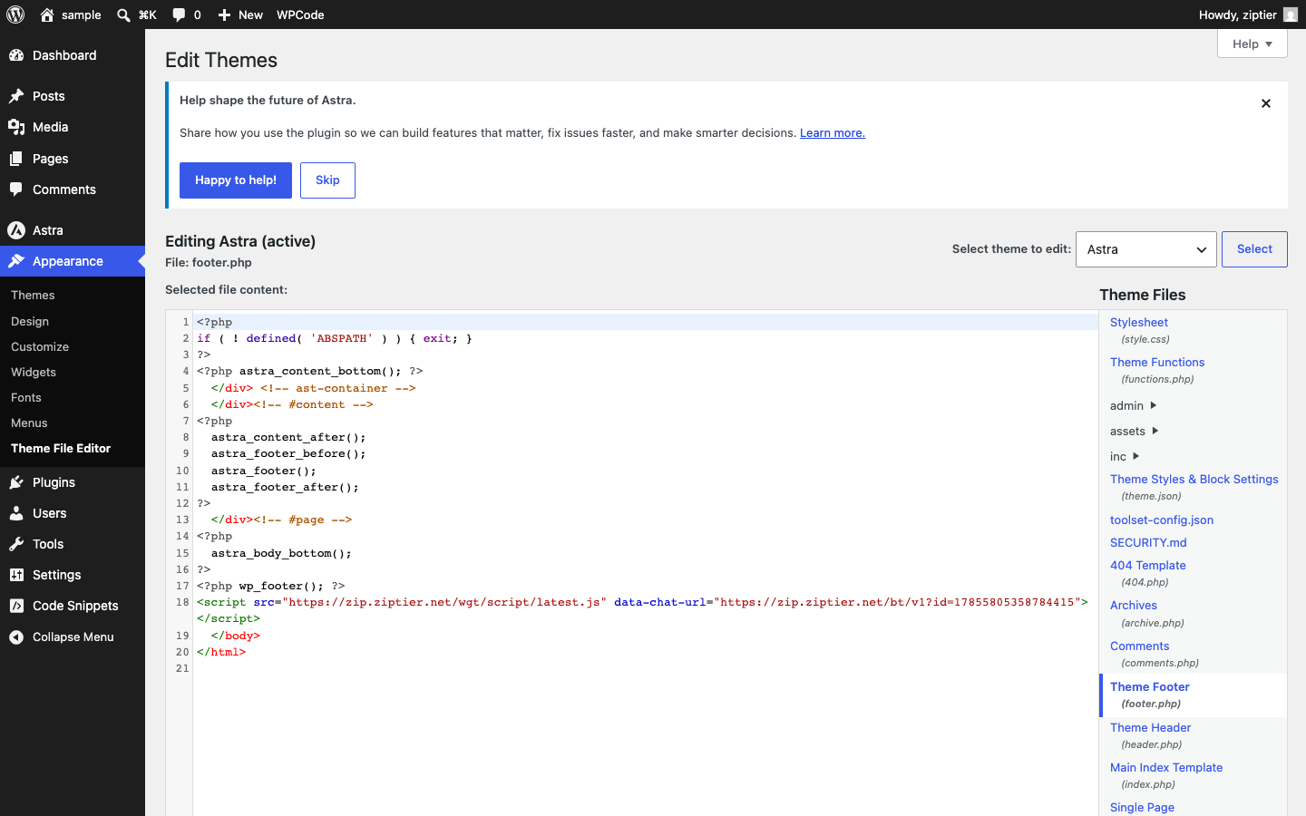 footer.php open in the Theme File Editor, showing the wp_footer() call near the bottom of the file