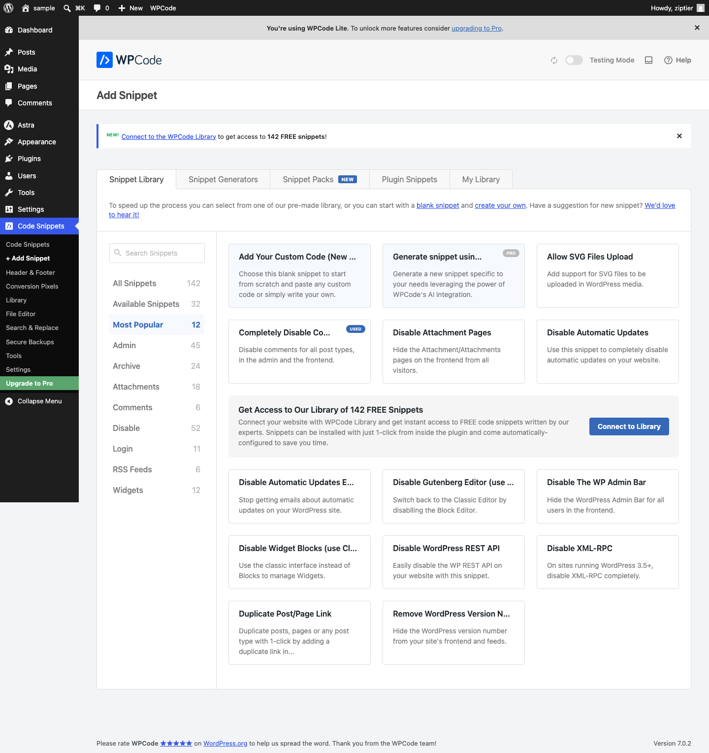 WPCode's Add Snippet screen, showing the Snippet Library with the Add Your Custom Code option