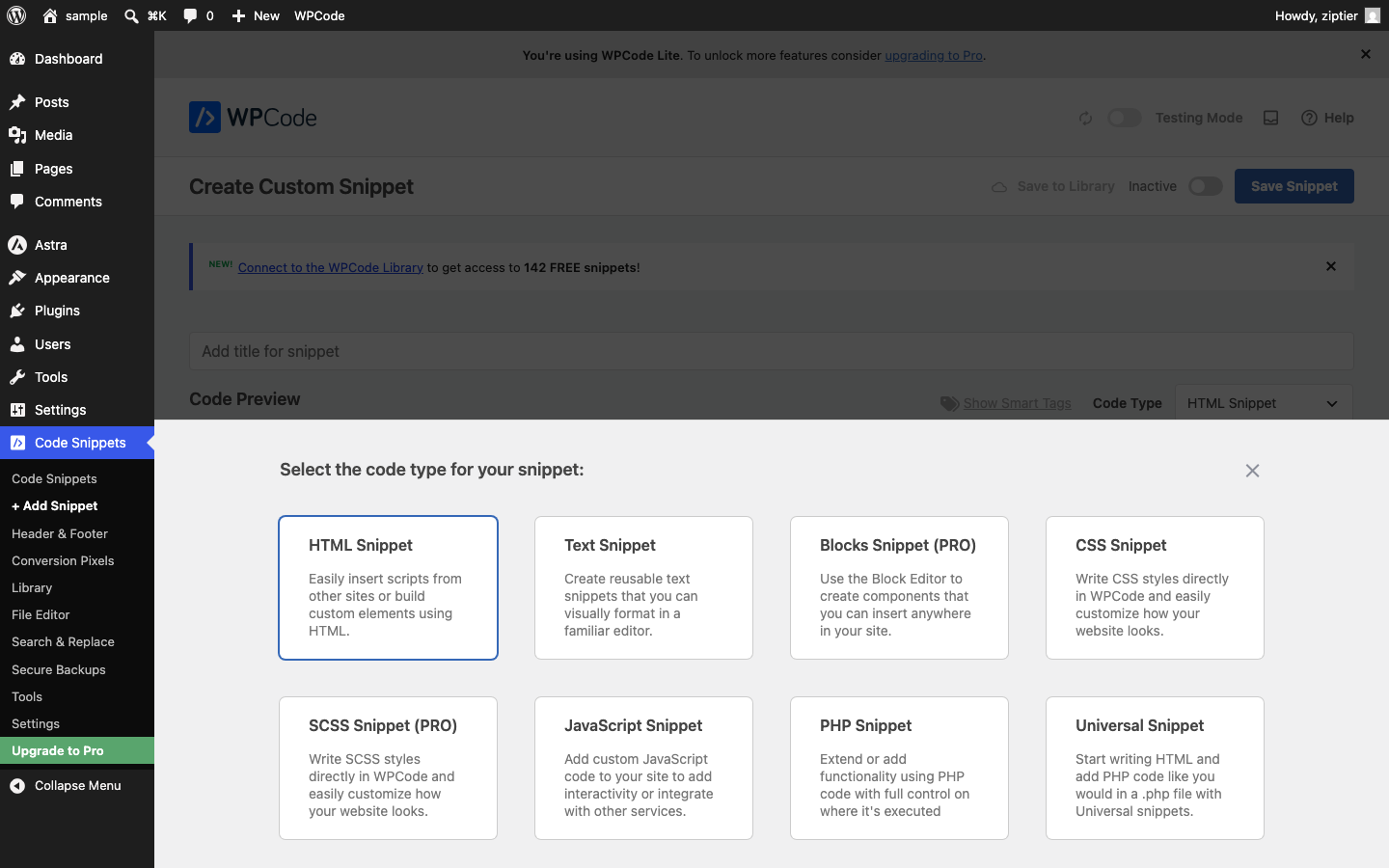 WPCode's code type picker modal with HTML Snippet selected