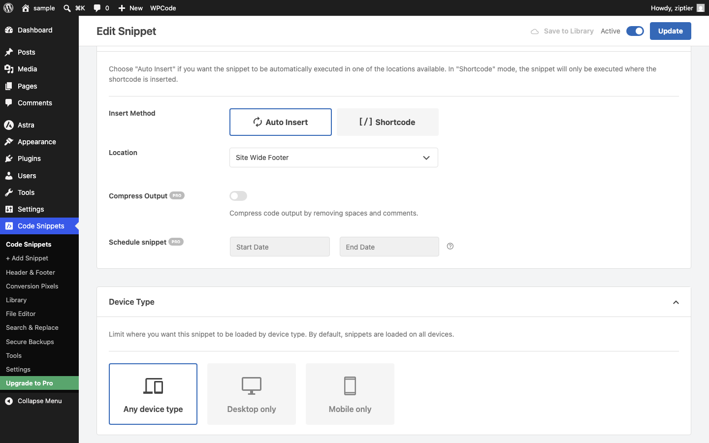 WPCode snippet editor with a title set and the ZipTier script tag pasted into the code editor