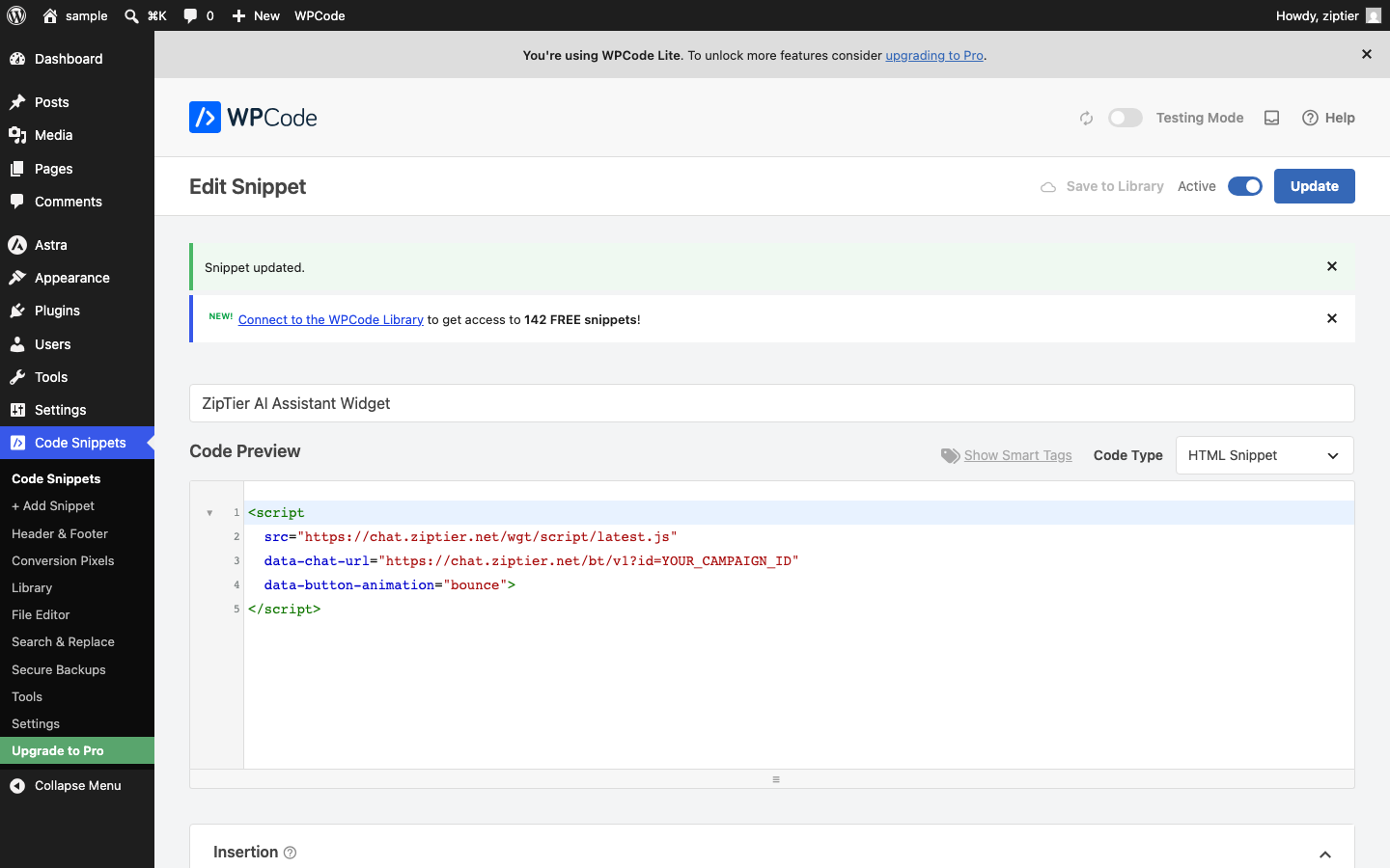 WPCode snippet saved successfully, with the Active toggle on and a Snippet updated confirmation message