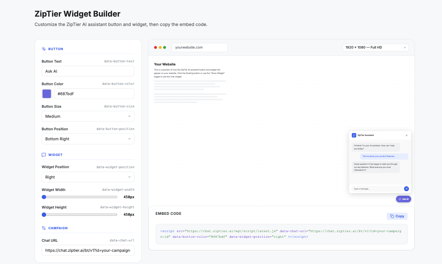 ZipTier Widget Builder Playground showing button and widget configuration controls alongside a live desktop preview